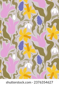 Seamless pattern of elegant flowers like tulip, daffodil, snowdrop and grape hyacinth. Pastel color vector design with spring blooms plants for greeting card, invitation or wallpaper