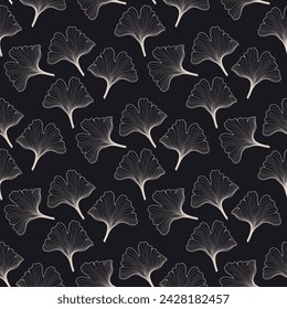 seamless pattern with elegant ginkgo leaves outline on dark background 