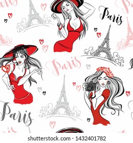 Seamless pattern. Elegant girls in Paris. Vector.
