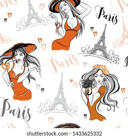 Seamless pattern. Elegant girls in Paris. Vector.