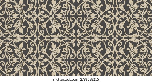 A seamless pattern of elegant golden floral illustrations on a dark background