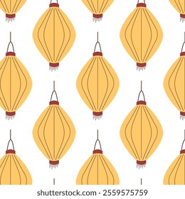 Seamless pattern of elegant golden yellow Chinese lantern on white background in flat style. Perfect for festive decor, textile, packaging and Asian themed creative design.