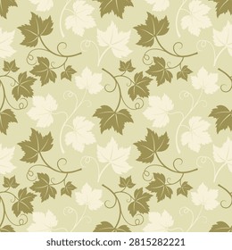 Seamless pattern with elegant grape leaf branches and tendrils vector illustration in muted olive green and ivory palette on beige background for wine label design classic textile fabric print and organic wallpaper