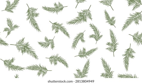 Seamless pattern of elegant green pine branches and fir twigs scattered beautifully on a clean white background.