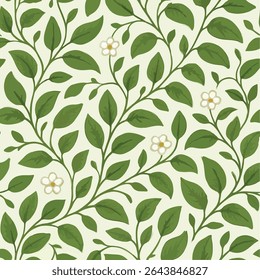 Seamless pattern of elegant green vines, leaves, and small white flowers on a cream background. A fresh, classic botanical illustration perfect for creating a calm, natural, and sophisticated look.