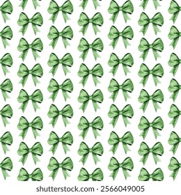 Seamless pattern of elegant green watercolor bows on a white background. Perfect for gift wrapping, fabric design, and festive decorations. Adds a touch of sophistication and charm to any project.