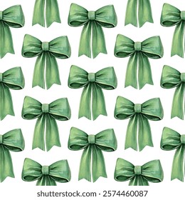 Seamless pattern of elegant green watercolor bows on a white background. Perfect for gift wrapping, fabric design, and festive decorations. Adds a touch of sophistication and charm to any project.