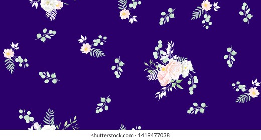 Seamless pattern with elegant greenery and beautiful roses,watercolor effect