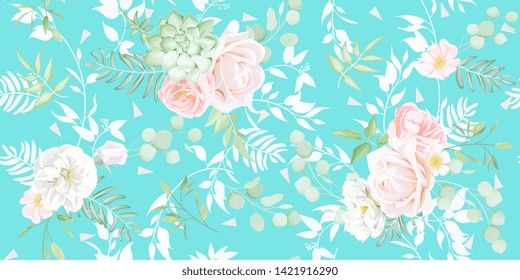 Seamless pattern with elegant greenery and beautiful roses,watercolor effect