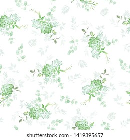 Seamless pattern with elegant greenery and succulent, watercolor effect