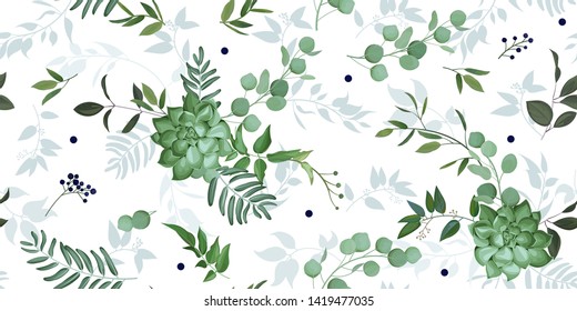 Seamless pattern with elegant greenery and succulent, watercolor effect