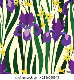 Seamless pattern with elegant iris flowers, small yellow flowers, leaves on a light field. Spring floral print, decorative botanical background with hand drawn plants. Vector illustration.