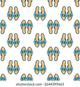 Seamless pattern with elegant light blue open-toe slippers with bows on white background. Cartoon vector background