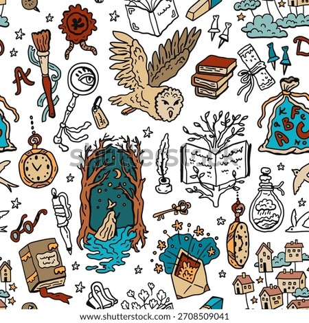 A seamless pattern with elegant monochrome and color, line drawing. Doodles on a notebook. Ink sketches for school, university. Textbook cover background. Hand-drawn illustration of books and magic.