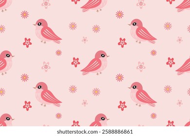 Seamless pattern with elegant pink birds delicate flowers perfect for fabric wallpaper wrapping paper creative projects Сharming and romantic design with soft pastel tones, ideal for any artistic use