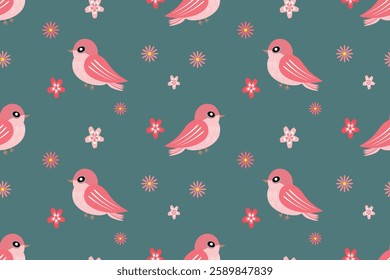 Seamless pattern Elegant pink birds delicate flowers perfect for fabric wallpaper wrapping paper creative projects Сharming and romantic design with soft pastel tones Green isolated background