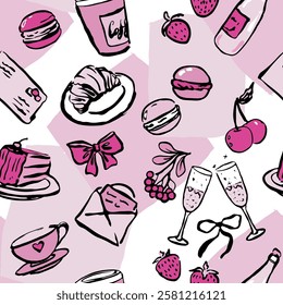Seamless pattern with elegant pink elements. Hand drawn, isolated, vector. Bow, cup, letter, coffee, macarons, envelope, hart, cake, croissant.