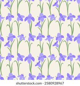 Seamless pattern with elegant purple iris flowers. Floral vector flat hand drawn background for textile design, scrapbooking, wrapping paper, etc.