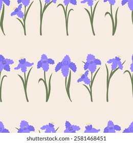 Seamless pattern with elegant purple iris flowers. Floral vector flat hand drawn background for textile design, scrapbooking, wrapping paper, etc.