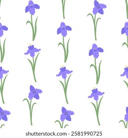 Seamless pattern with elegant purple iris flowers. Floral vector flat hand drawn background for textile design, scrapbooking, wrapping paper, etc.