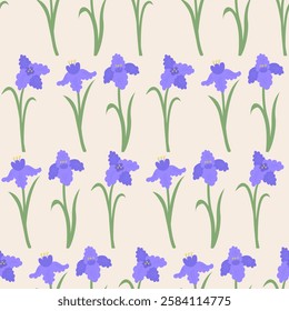 Seamless pattern with elegant purple iris flowers. Floral vector flat hand drawn background for textile design, scrapbooking, wrapping paper, etc.