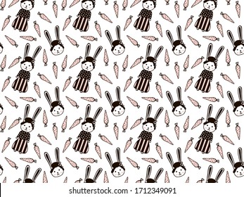 A seamless pattern of elegant rabbit girls with a blush on their cheeks in long skirts and polka dot sweaters, their portraits with bunches of hairstyles, pink carrots on a white background. Vector.