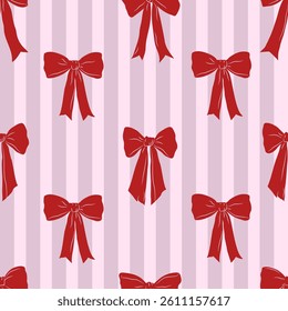 Seamless pattern with elegant red bows. Vector flat background.Illustration perfect for holiday, wedding, birthday gift decorations.