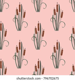 Seamless Pattern with elegant reed bushes on subtle pink background. Vector Illustration