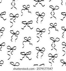 Seamless pattern with elegant ribbon bows. Hand draw design for a poster, sticker, home decor, wrapping paper, gift, greetings card. Fabric textile print. Art illustration.