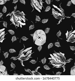  Patrón sin problemas. Rosas elegantes, hojas. Dibujo en blanco y negro en un fondo negro. Se utiliza para imprimir papeles pintados, fondos, tejidos, envases y postales.