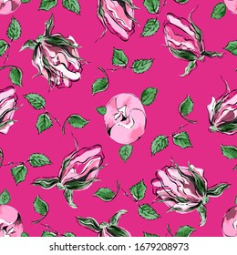 Seamless pattern. Elegant roses, leaves. Vector illustration on a pink background. 
