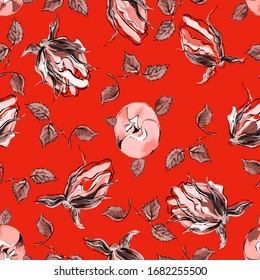 Seamless pattern. Elegant roses, leaves. Vector illustration on a red background. Use for printing wallpapers, backgrounds, fabrics, packaging, postcards.