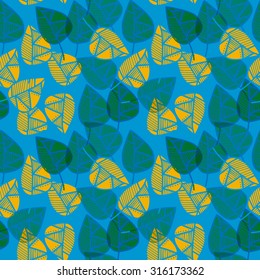 Seamless pattern with elegant semitransparent leaves in yellow and blue colors. Hand drawn vector illustration for your design. 