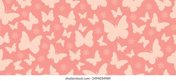 Seamless pattern with elegant silhouettes of butterflies on a peach background. Vector.