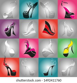 Seamless pattern. Elegant trendy woman high heels shoes with fashionable decorations.  Vector illustration.