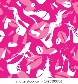 Seamless pattern. Elegant trendy woman high heels shoes. White and pink graphics.  Vector illustration.