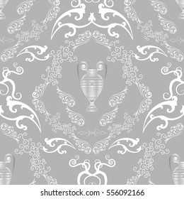 Seamless pattern. Elegant vector seamless pattern background for interior wallpaper wall coverings. Illustration of ancient medieval greek vase in silver tints. Pitcher, jug, amphora with floral motifs.
