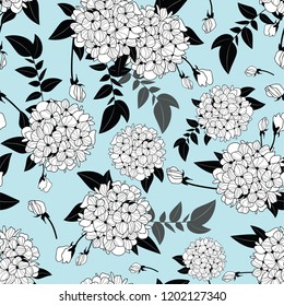 Seamless pattern with elegant and vibrant hydrangea flower, blossoms, leaves and bloom. Creative flower texture. Perfect for greeting cards, textile, apparel and graphic. Vector illustration