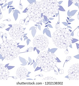 Seamless pattern with elegant and vibrant hydrangea flower, blossoms, leaves and bloom. Creative flower texture. Perfect for greeting cards, textile, apparel and graphic. Vector illustration