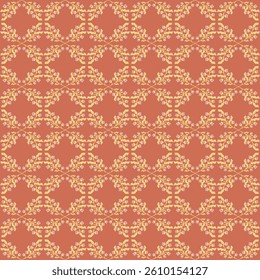 Seamless pattern with elegant vine medallion shapes on a terracotta background in ornamental style. Vector illustration for textile and packaging design.