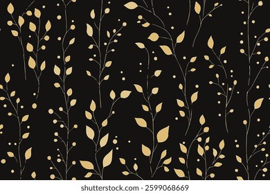 Seamless pattern with elegant vines and leaves in gold on a black background, vector illustration