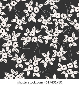 Seamless pattern with elegant white flowers and leaves isolated on grey background. Vector image.