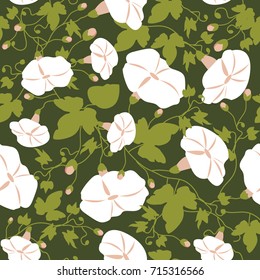 Seamless pattern with elegant white flowers and leaves isolated on green background. Vector image.