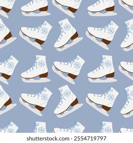 Seamless pattern with elegant white women's pair of skates. Figure skating boots, laced shoes with blade. Skaters footwear for winter rink sport. Flat vector pattern.