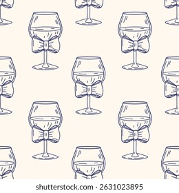 Seamless pattern with elegant wine glasses with bows. Festive background. Hand drawn sketch illustration.