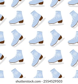 Seamless pattern with elegant women's pair of skates. Figure skating blue boots, laced shoes with blade. Skaters footwear for winter rink sport. Flat vector pattern.