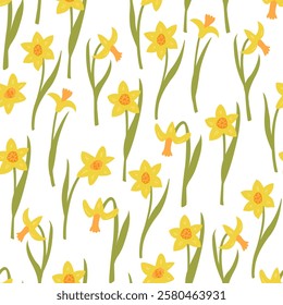 Seamless pattern with elegant yellow narcissus flowers. Floral vector flat hand drawn background for textile design, scrapbooking, wrapping paper, etc.