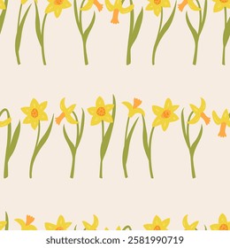 Seamless pattern with elegant yellow narcissus flowers. Floral vector flat hand drawn background for textile design, scrapbooking, wrapping paper, etc.