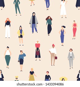 Seamless pattern with elegant young women dressed in fashionable clothes on light background. Backdrop with cool hipster girls. Flat cartoon colorful vector illustration for wrapping paper, wallpaper.