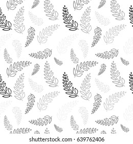 Seamless Pattern with Element of Forest Plants.  Black and Gray Fern  on  White Background. Vector Illustration. Beautiful Design for Postcard, Banner, Invitation, Print for Textile, tile, wallpaper.